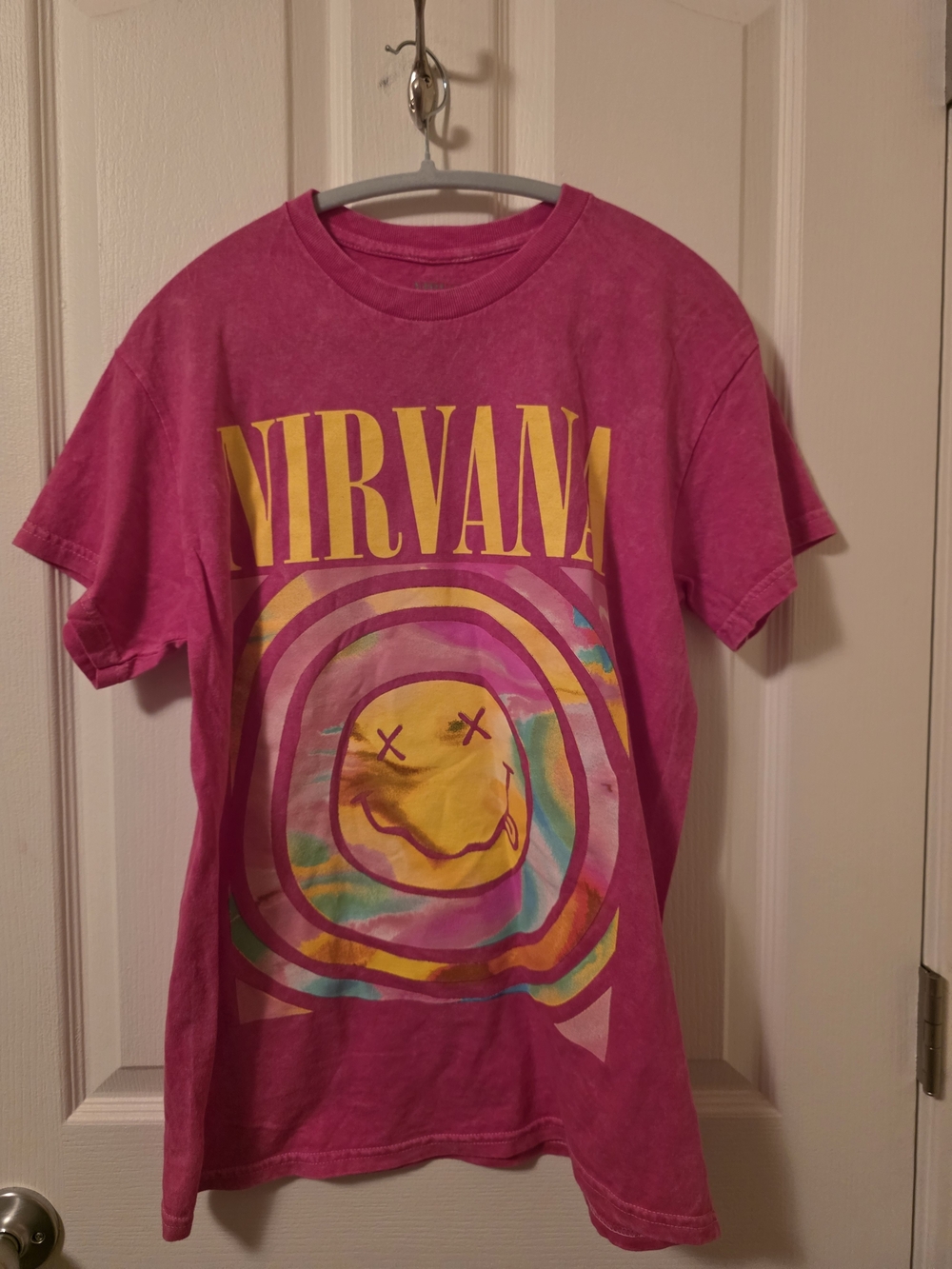 Nirvana Hot Pink Acid Wash Smiley Face Graphic T-Shirt - Size Medium